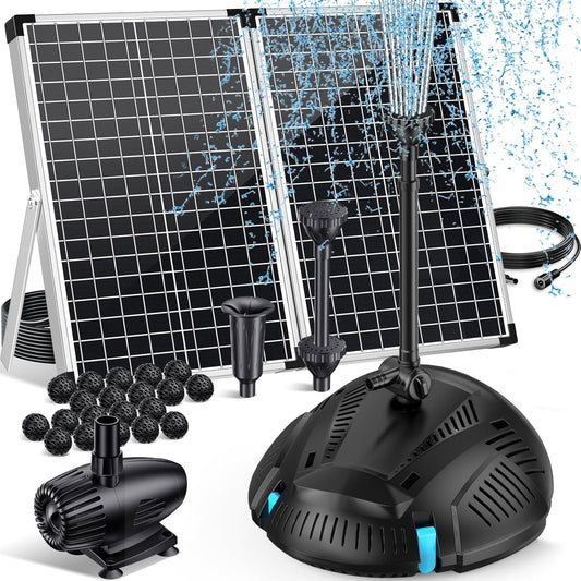 POPOSOAP Vijverfilter met 55 W fontein op zonne-energie, vijverfilter met 2000 l/u pomp en fonenset, 2 m pvc-slang, ideaal voor koivijken, watervallen en waterspelen