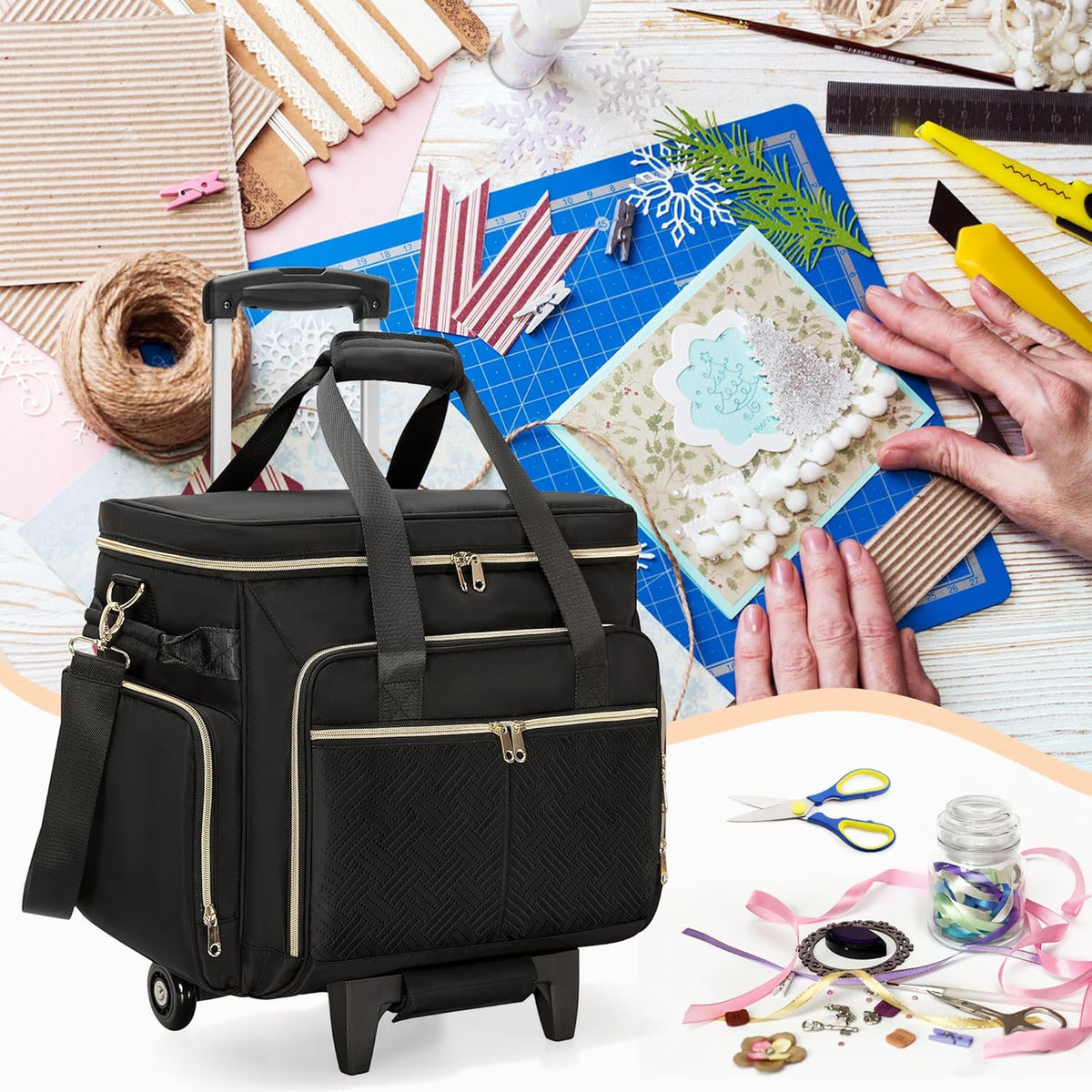Rollende Scrapbooktas – Opbergtas Met Wielen – Knutselwagen – Organizer – Trolley – Zwart – 41,5 x 22 x 31,5 cm – Gevoerd Laptopvak En Stevige Constructie
