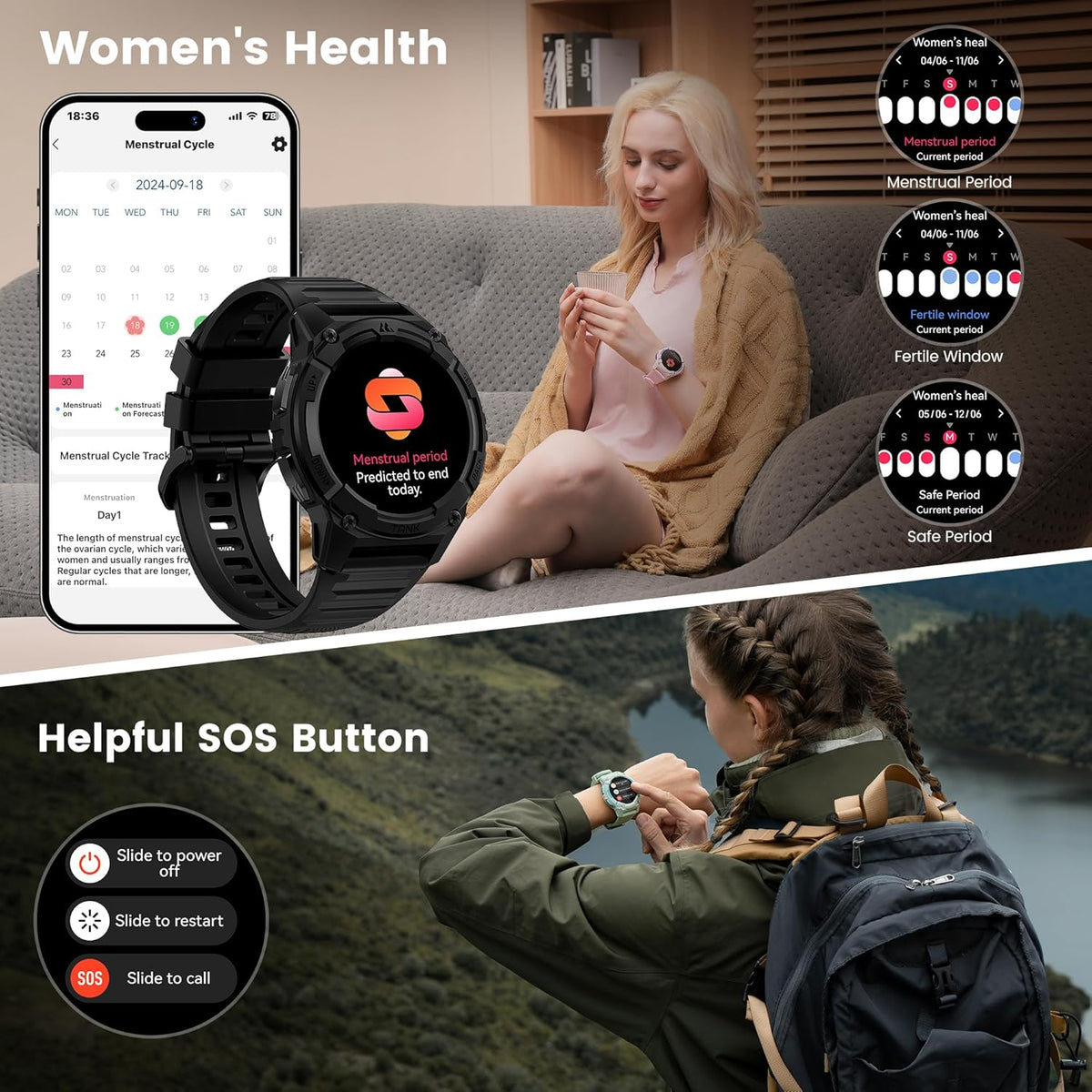 KOSPET Tank S2 Smartwatch voor dames en heren, met GPS en telefoonfunctie, 5 ATM waterdicht, fitnesstracker met AMOLED-display, bewaking van hartslag, SpO2, slaap, cyclusbewaking, 170+ sportmodi