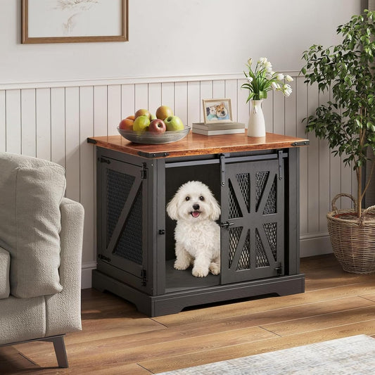 Hondenkooi, 73 cm hondenbox, Drie-deurs hondenkooi voor thuis, Schuifdeur, Modern houten hondenhok, Kleine honden en puppy's, Versterkt ontwerp, 73x51x60 cm, Zwart'