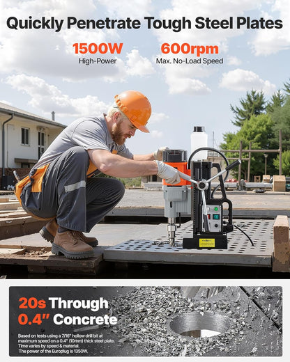 VEVOR Magnetic Drill 1550 W, Drill Diameter 60 mm, Power 13000 N, Stroke Max 200 mm, with Morse Gel, Adjustable Speed, Column Drill for Metal Surfaces, DIY