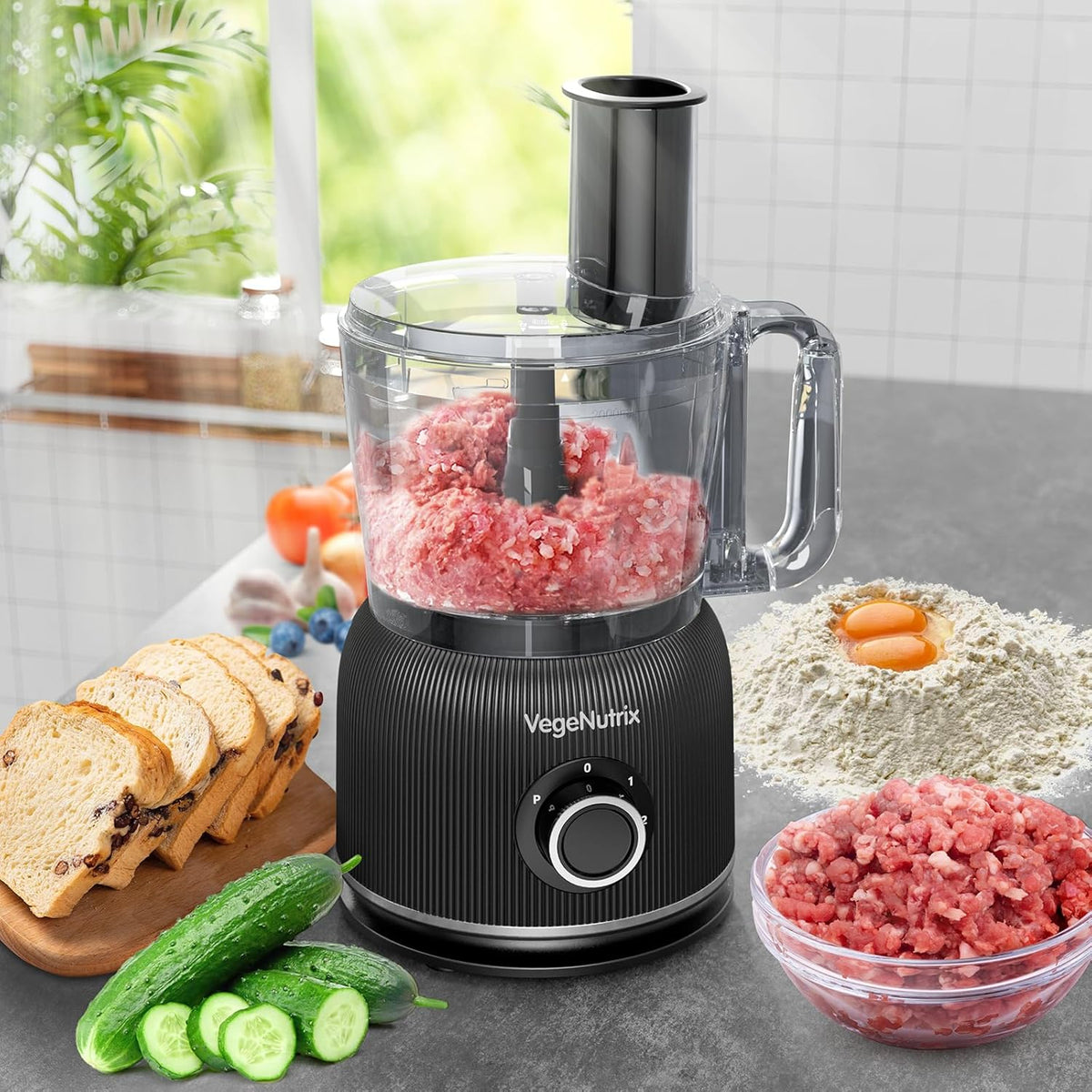 Keukenmachine en mixer combinatie 1500 W, 2,5 l hakmolen voor vlees, groenten en deeg, 2 l blender met glazen reservoir, 2 snelheden en pulsfunctie voor smoothies, sap enz.