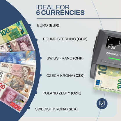 Detectalia D7X Bankbiljettencontroleur en telmachine afzonderlijk - Valsgeld tester met 7 herkenningstests voor euro, gbp, chf, pln, czk en sek