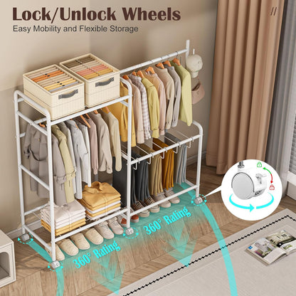 Heavy Duty kledingstang met wielen, 125 kg metalen kledingrek met broekenrek, bovenste plank, 4 haken en 5 broekhangers, stevige kledingkast kledingstang voor slaapkamer, hal, winkel, wit