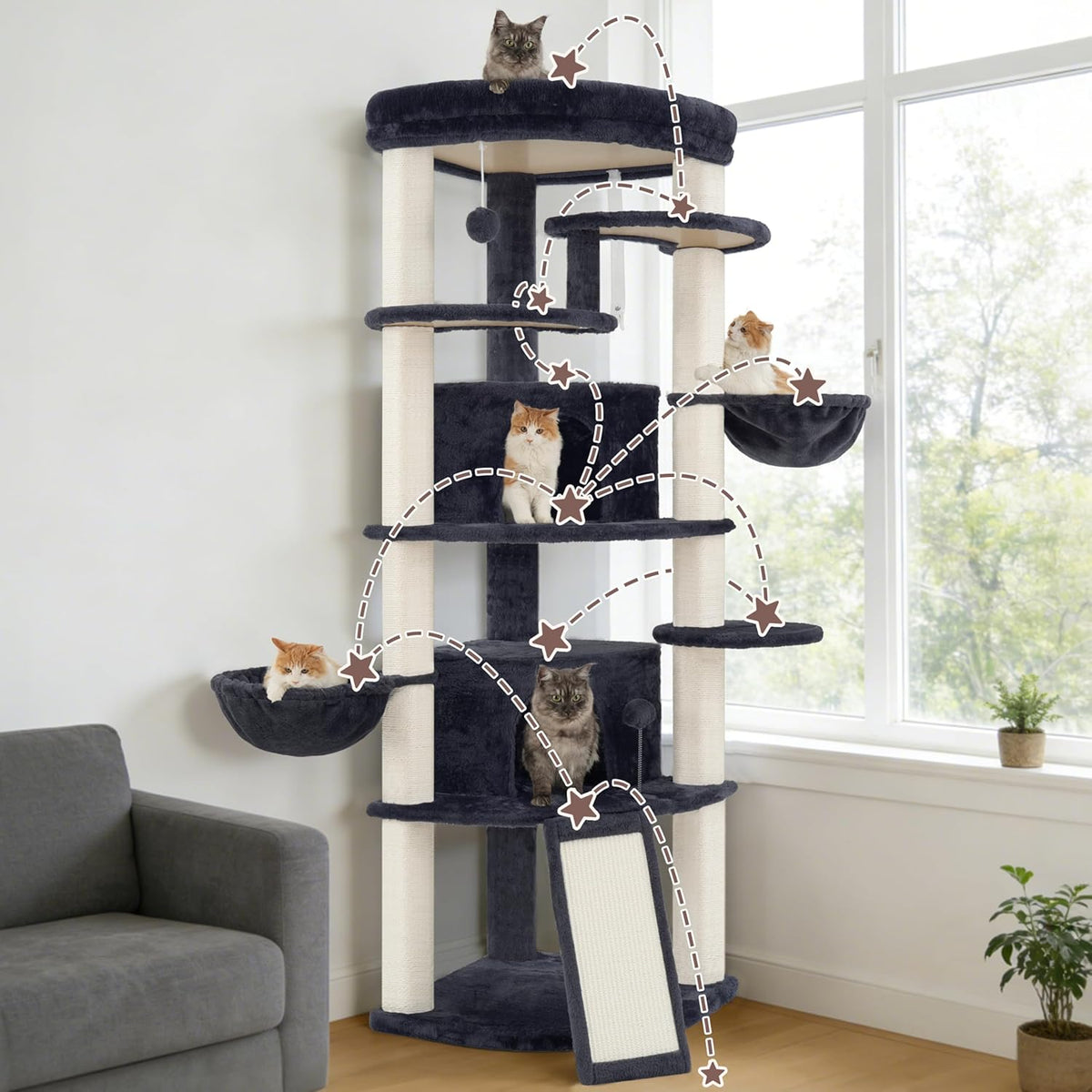 Corner Cat Tree for Indoor Cats, Cat Tower with All Sisal Scratching Posts, Multi-level Cat Condo wth 2 Large Cat Caves, Big Top Perch, 2 Hanging Baskets, Sisal Ramp, Drak Gray GCT035G