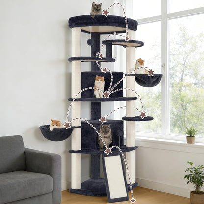 Corner Cat Tree for Indoor Cats, Cat Tower with All Sisal Scratching Posts, Multi-level Cat Condo wth 2 Large Cat Caves, Big Top Perch, 2 Hanging Baskets, Sisal Ramp, Drak Gray GCT035G