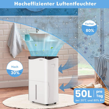 FANTASK 4 modi bouwdroger 50 l/dag met 24-uurs timer, slimme luchtontvochtiger met led-aansoog en ventilator, 5 l waterreservoir en afvoerslang