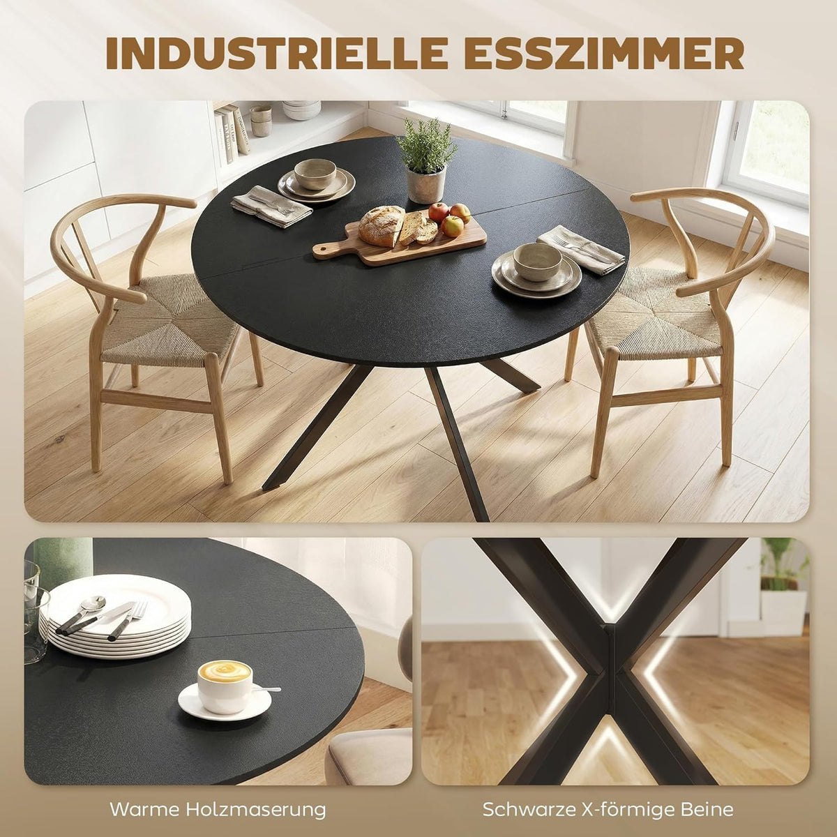 Ronde Eettafel – Eettafel Rond – Keukentafel – Tafel Voor 4 Personen – Industriële Eettafel – Ø120 cm – Krasbestendig Melamine – Verstelbare Stalen Poten