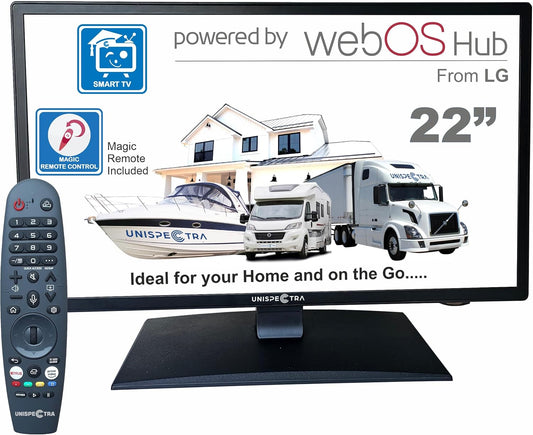 Unispectra® 22“ Smart TV (webOS) FHD 230V 24V Triple Tuner: Sat, Antenne, Kabel TV, 3xHDMI, 2xUSB, Magic Remote. 12V TV voor campers, caravans, vrachtwagens, bestelwagens, boten, thuis