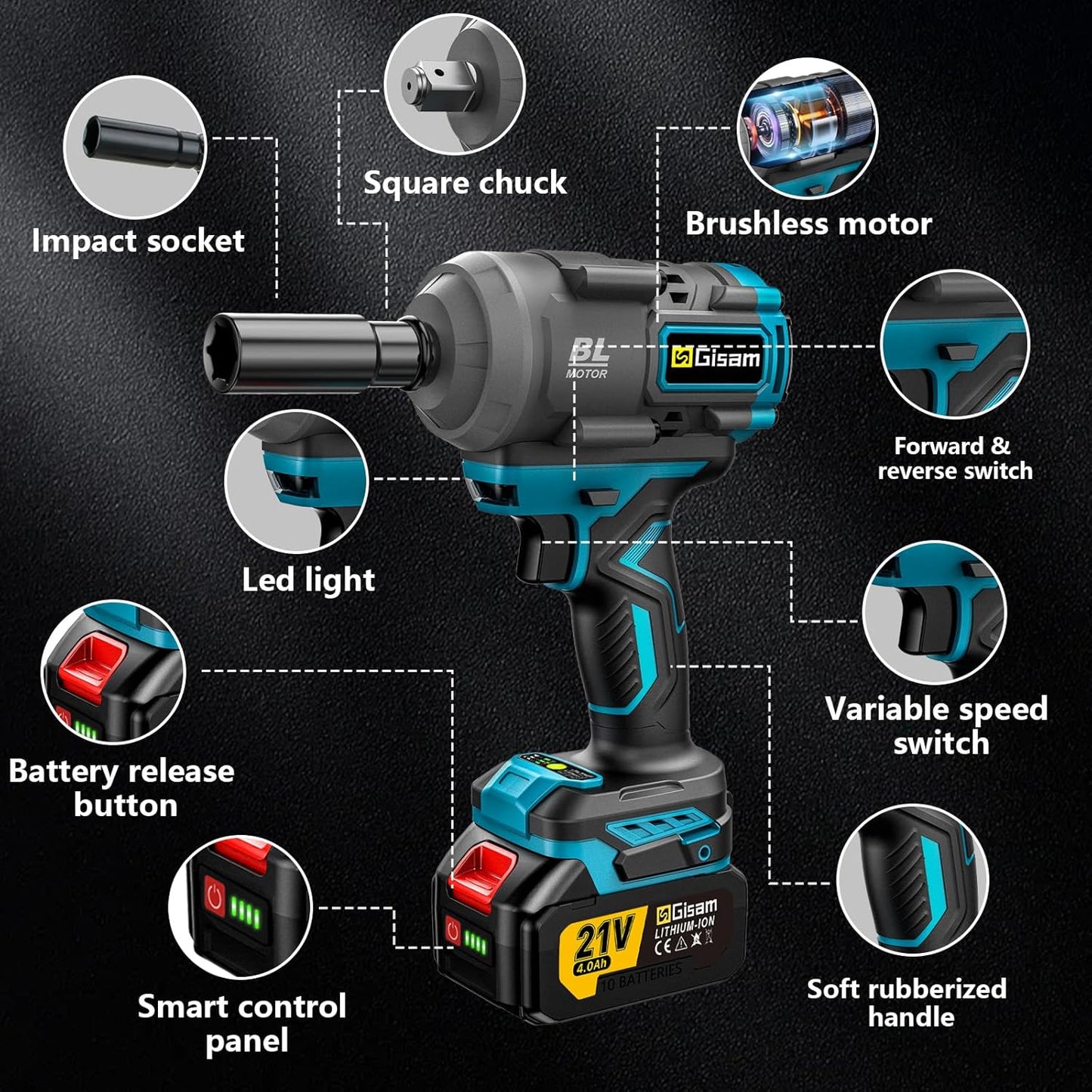 Gisam 850 Nm Accu-slagschroevendraaier met 2 accu's en dopsleutelset, multifunctionele gereedschapsset voor het verwisselen van banden voor auto's, steigers (000-met 2 accu's)