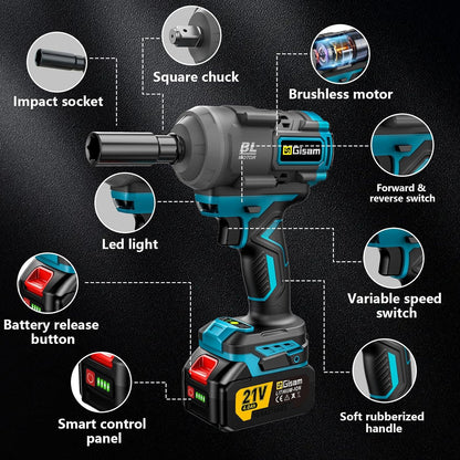 Gisam 850 Nm Accu-slagschroevendraaier met 2 accu's en dopsleutelset, multifunctionele gereedschapsset voor het verwisselen van banden voor auto's, steigers (000-met 2 accu's)