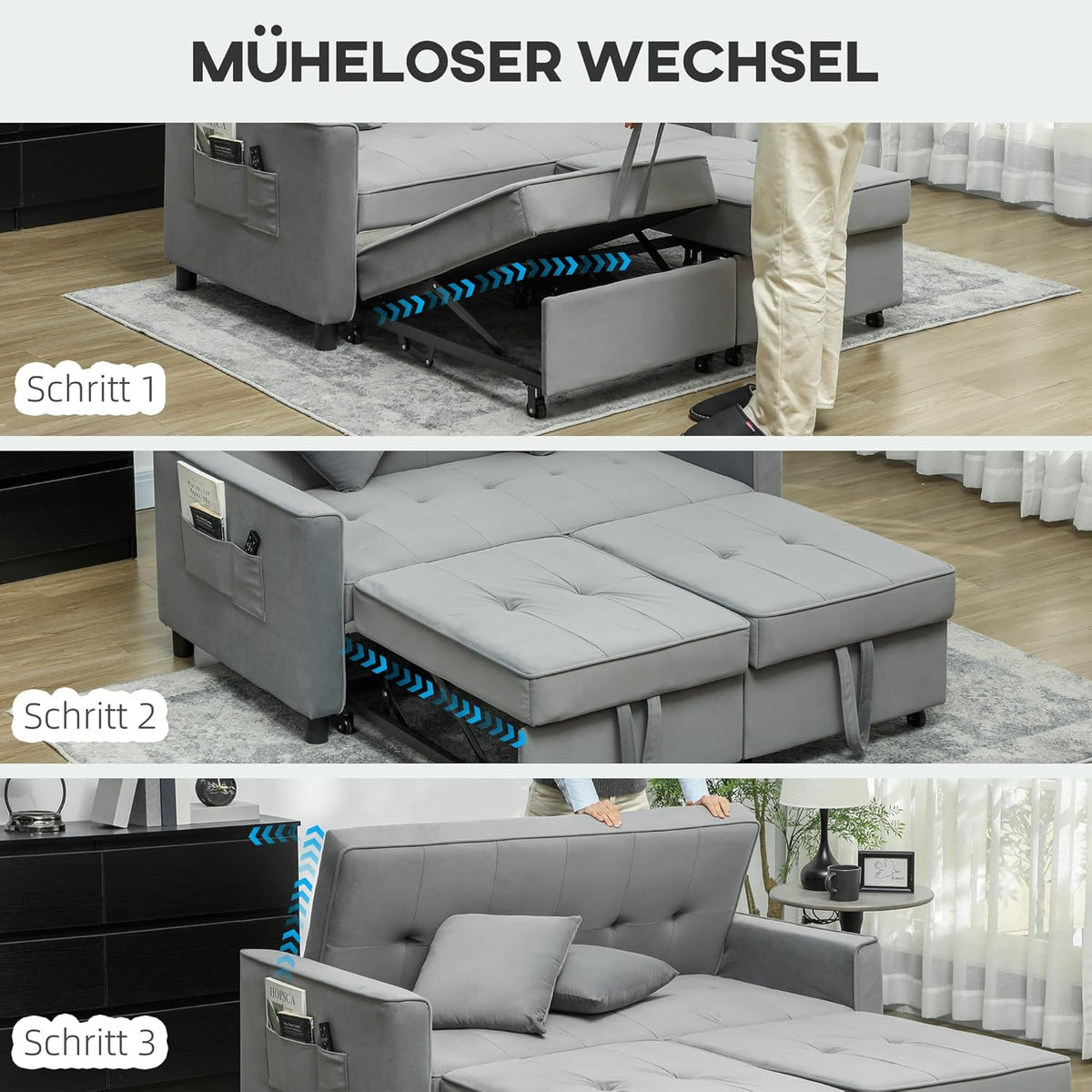 HOMCOM Schlafsofa, 2-Sitzer Sofa mit Schlaffunktion, Verstellbare Rückenlehne, Couch mit Kissen, Samtoptik, L-förmig Schlafcouch mit Bettkasten Rollen für Wohnzimmer, Gästezimmer, Grau - QUORE