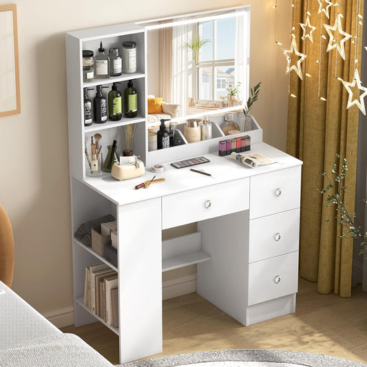 3-in-1 Kaptafel: Make-up, Bureau & Nachtkastje | Moderne Witte Kaptafel met Slimme LED Spiegel & 4 Lades