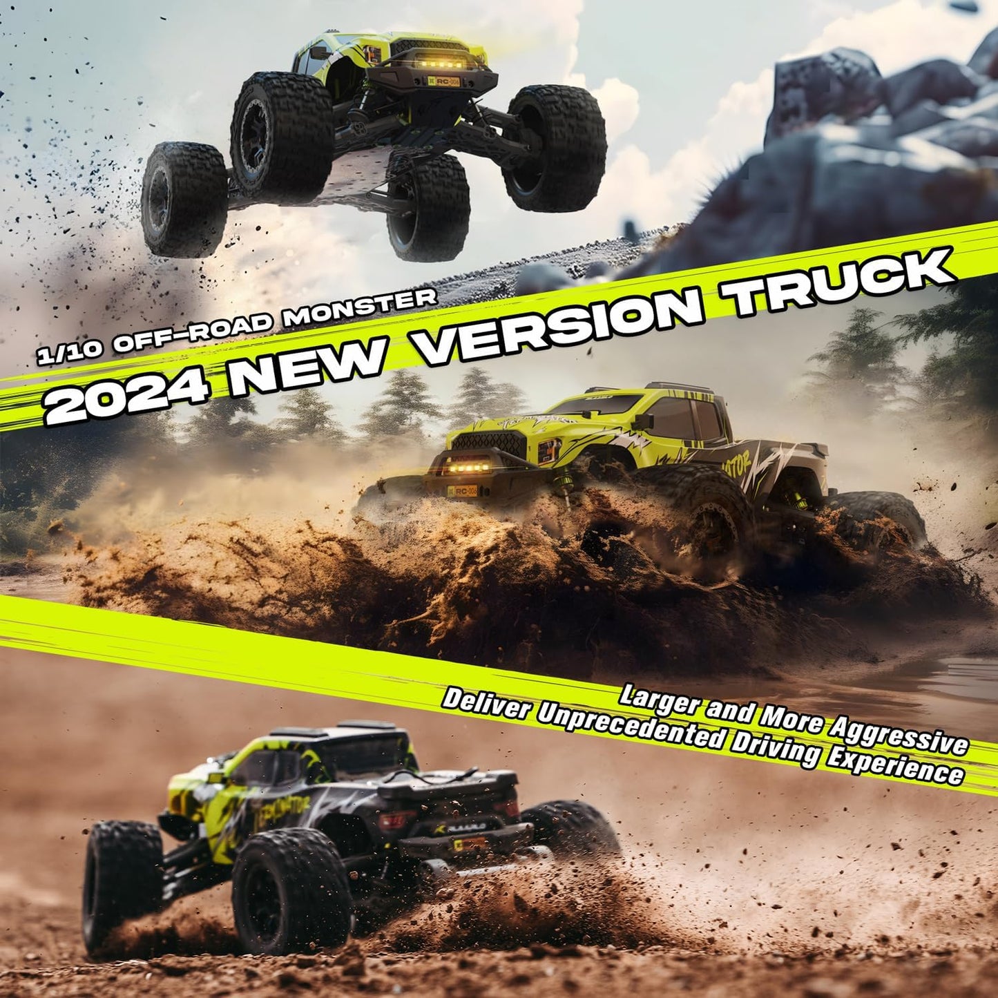 AMORIL 1/10 RTR borstelloze snelle RC-auto's voor volwassenen, max. 50 mph hobby elektrische off-road monstertruck, waterdichte high-speed RC-auto, 4WD-afstandsbediening auto met 3S Lipo, groen