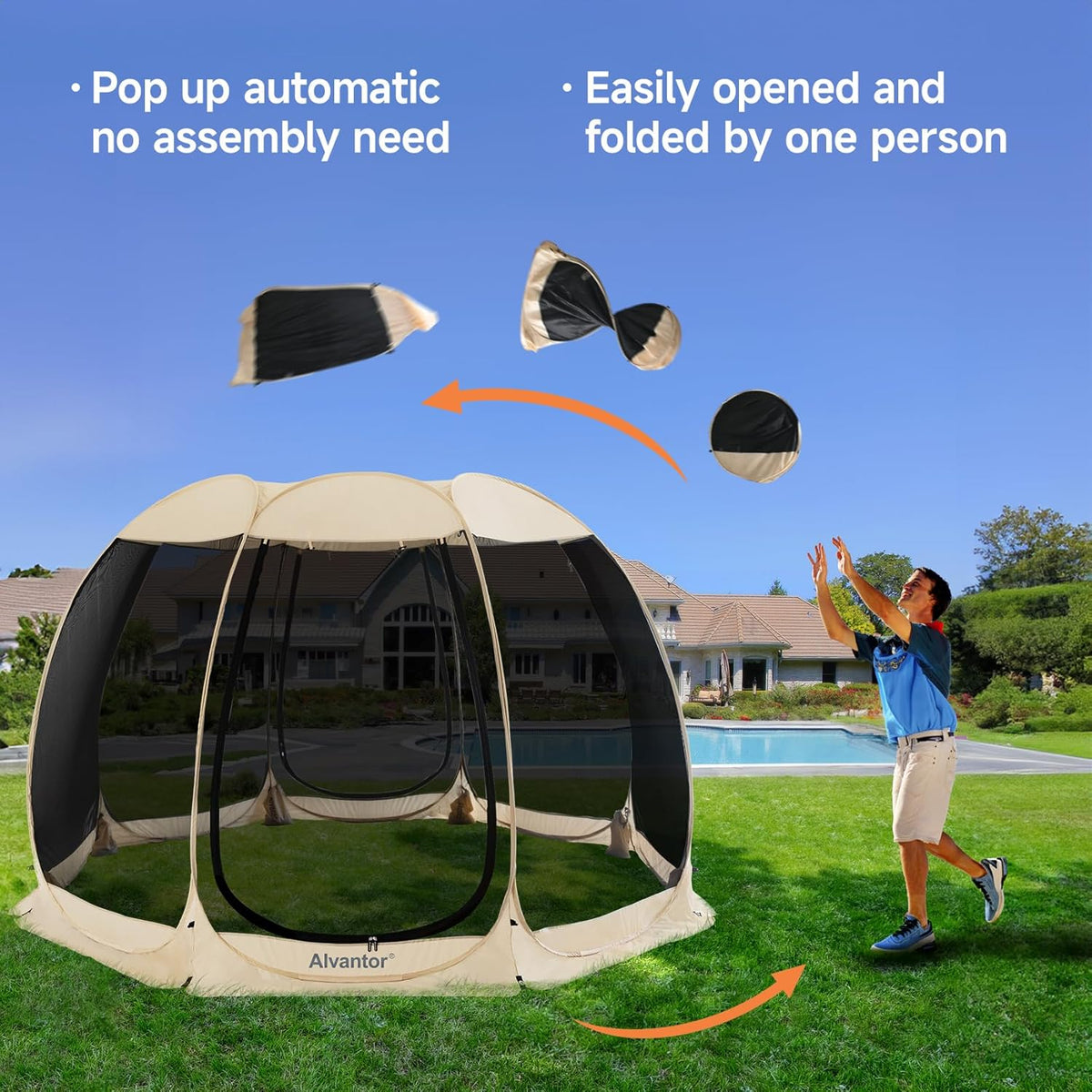 Alvantor Scherm Huis Kamperen Tent Outdoor Luifel Pop Up Zonnescherm Onderdak 8 Mesh Muren Niet Waterdicht Beige 366 x 366 cm patent aangevraagd