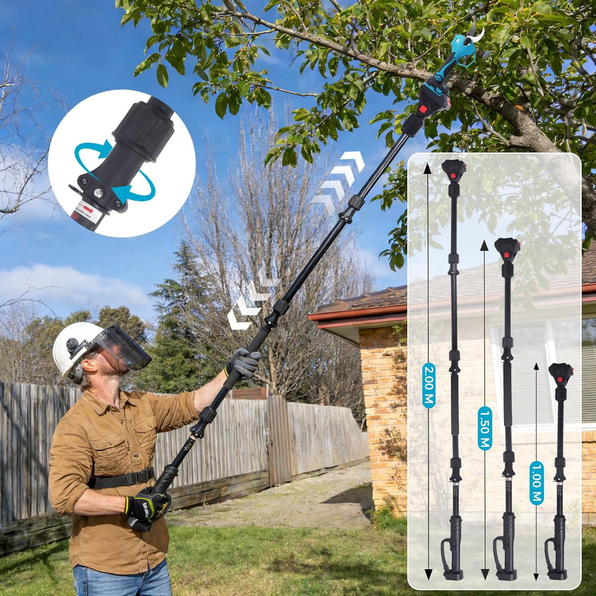 Bostar Elektrische tuinschaar, 40 mm, met telescoopstang met 2 x 2000 mAh batterijen, 2-in-1 set, elektrisch, voor het snoeien van bomen, erf