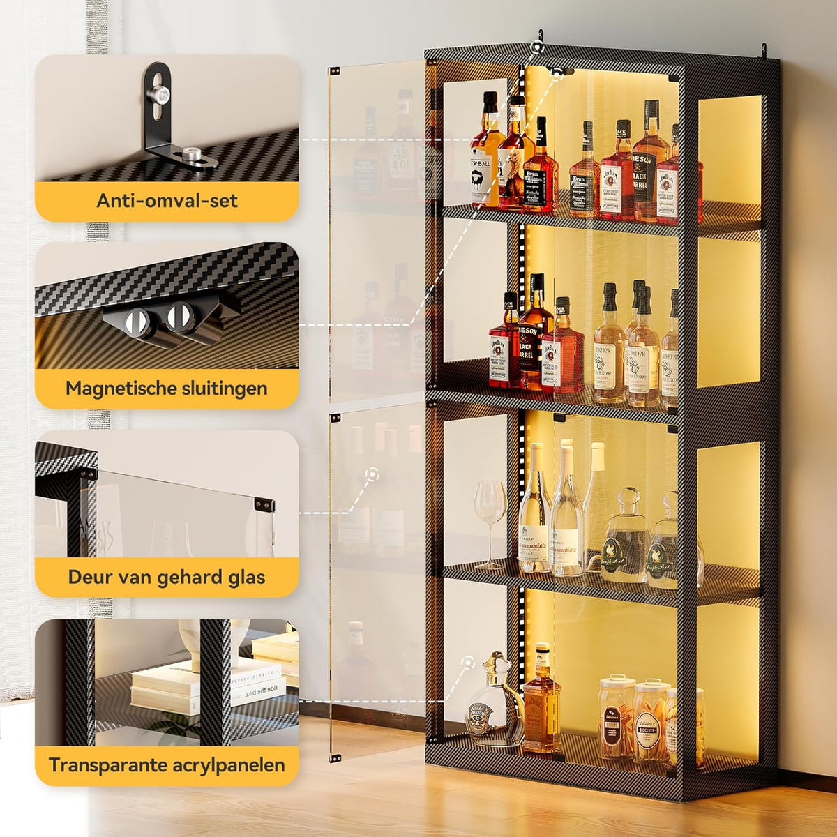 Glazen vitrine zwart – vitrinekast – displaykast – etalagekast – presentatiekast – 4 glazen planken – geïntegreerde ledverlichting