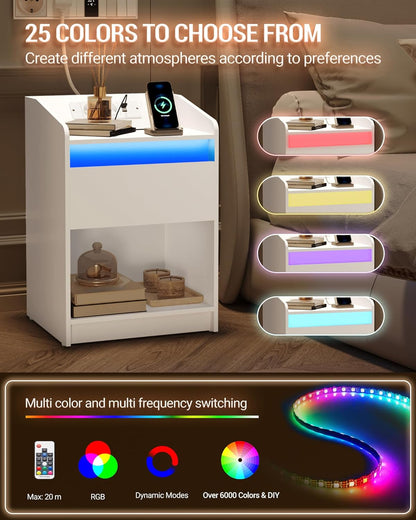 Hzuaneri Bedside Table with LED Light, Side Table with Charging Station, 1 Storage Drawer, Bedside Table for Bedroom, Living Room, 2 USB Ports, 2 Sockets, Set of 2, White NS09003X