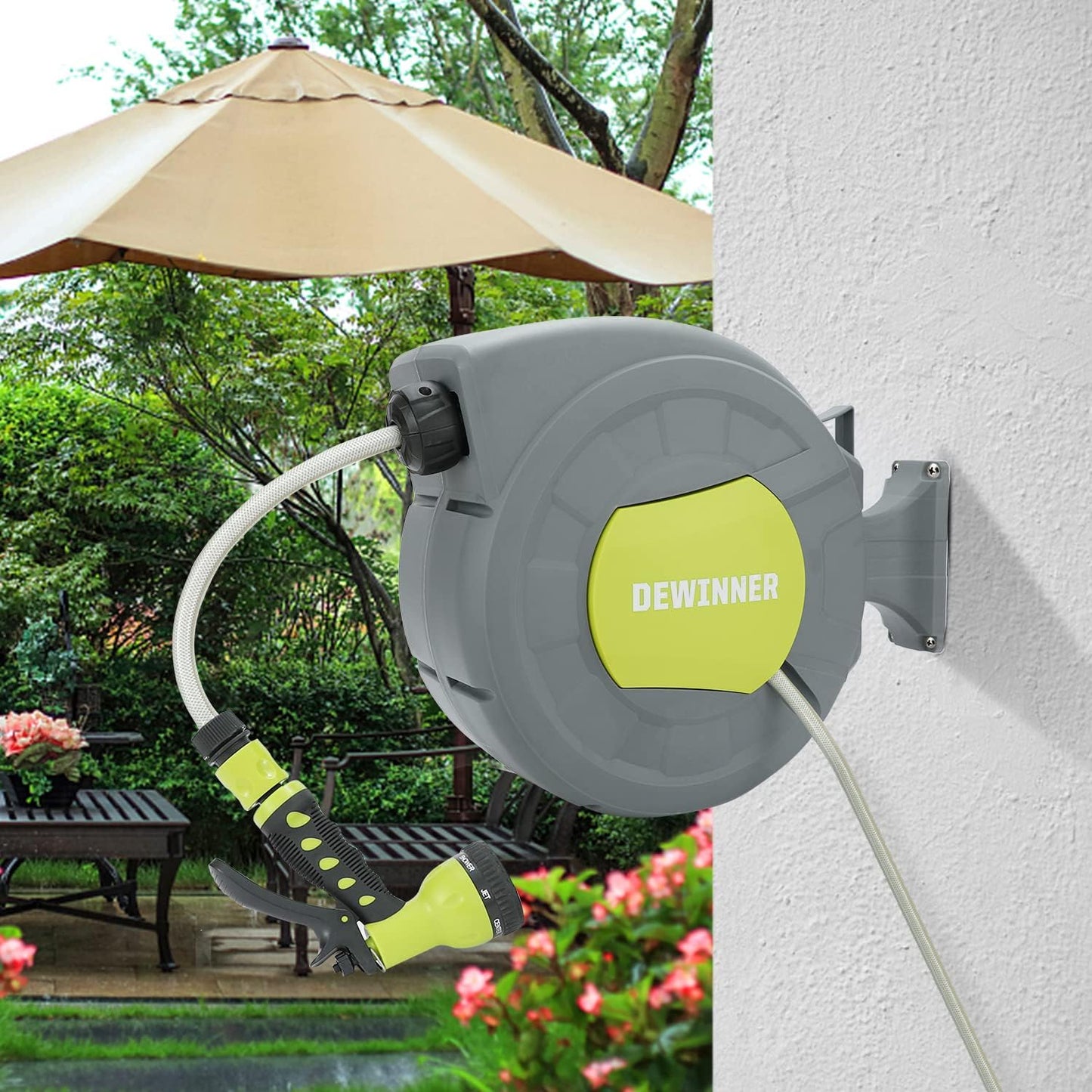 DEWINNER Automatische tuinslanghaspel, 20 + 2 m, automatische wandroller, met sproeimondstuk, automatische oprolhouder, intensief gebruik, irrigatie buiten de slang