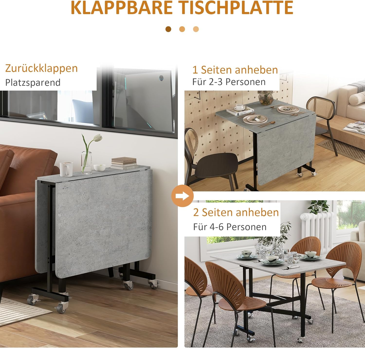 HOMCOM Esstisch, Klappbarer Küchentisch mit Rollen, Stahlbeine, Klapptisch für 4-6 Persons, Esszimmertisch für kleine Räume, Küche, Esszimmer, 120 x 80 x 73 cm, Grau - QUORE