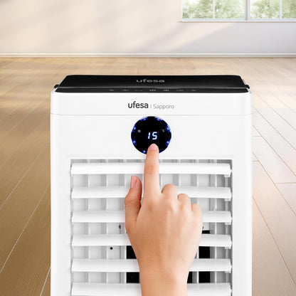 Ufesa Sapporo Verdampingskoeler, 100 W, koelfunctie en ventilator, 3 snelheden, 3 modi, touch-paneel, tank 12 l, timer 12 uur, wasbaar filter, 2 ijsblokken, afstandsbediening