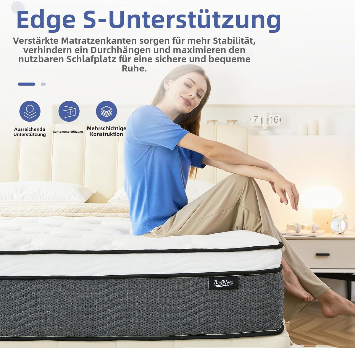 Matras 140 x 200 cm, pocketveringmatras H3 hoogte 31 cm 7-zonen orthopedische matras met comfort memory-schuim laag, 101 nachten proefslapen, Öko-Tex gecertificeerd