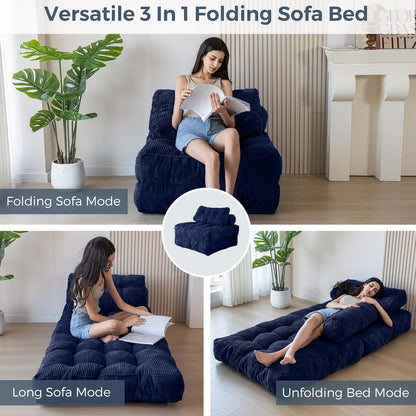 MAXYOYO Folding Sofa Bed, Convertible Sleeping Chair with Pillow, Mattress with Back Support, Portable Chair Bed, Comfortable Lounge, for Living Room, Bedroom, Navy Blue