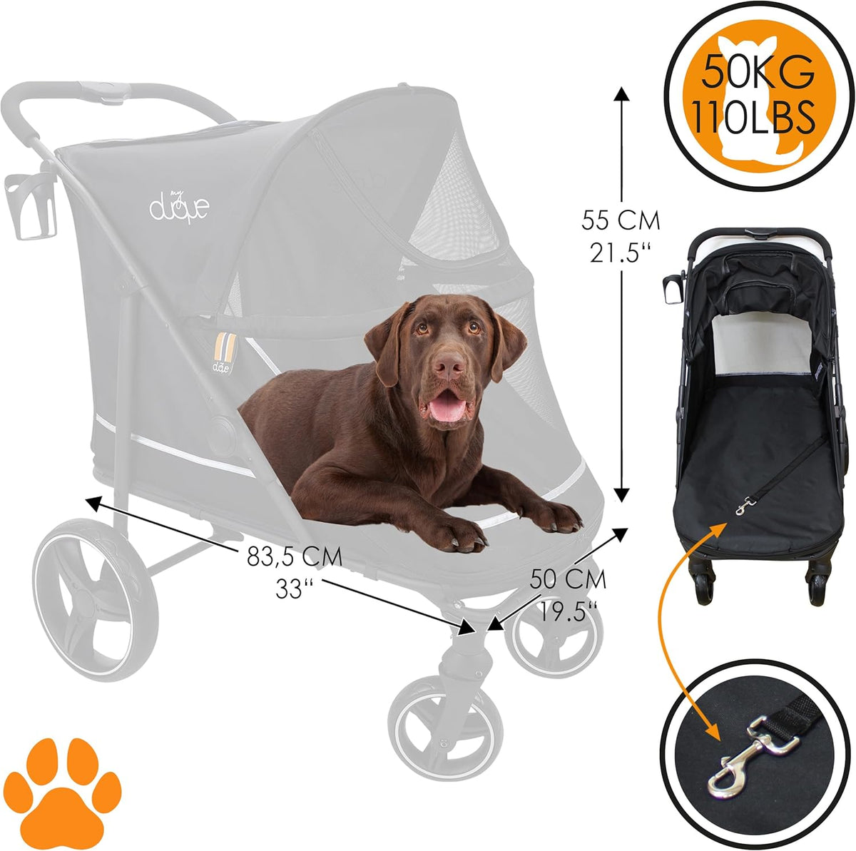 Huisdier wandelwagen CHAMP - XL grote hondenbuggy, huisdierbuggy, ruim, reiswagen huisdier, huisdierkinderwagen, inklapbaar, incl. regenhoes, bekerhouder, opslag, max. belasting 50kg, grijs