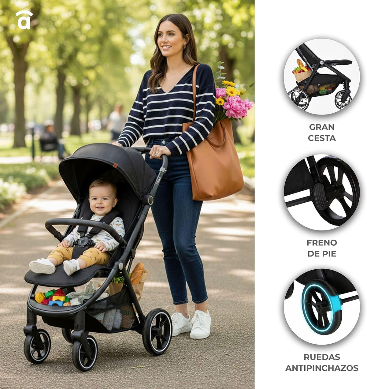 Asalvo Kibu Kinderwagen, comfortabel, ultralicht, veilig, kap met raam en rem, handig, compact inklapbaar, maximale belasting 24 kg, zwart
