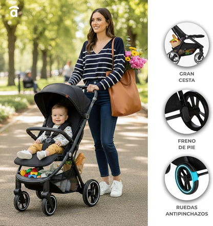 Asalvo Kibu Kinderwagen, comfortabel, ultralicht, veilig, kap met raam en rem, handig, compact inklapbaar, maximale belasting 24 kg, zwart