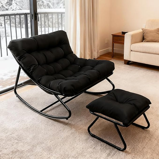 Rocking Chair with Stool, Outdoor Reading Chair with Padded Extra Large Relax Chair, Load Capacity up to 150 kg for Garden, Balcony, Patio (Black) - QUORE
