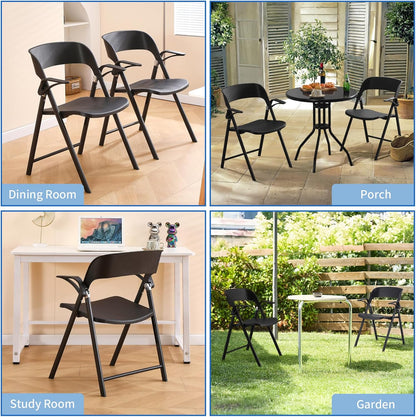 KAIHAOWIN 2 stuks kunststof klapstoel met armleuning, zware opvouwbare stoelen met stalen frame, commerciële stapelbare gaststoelen voor binnen en buiten - zwart