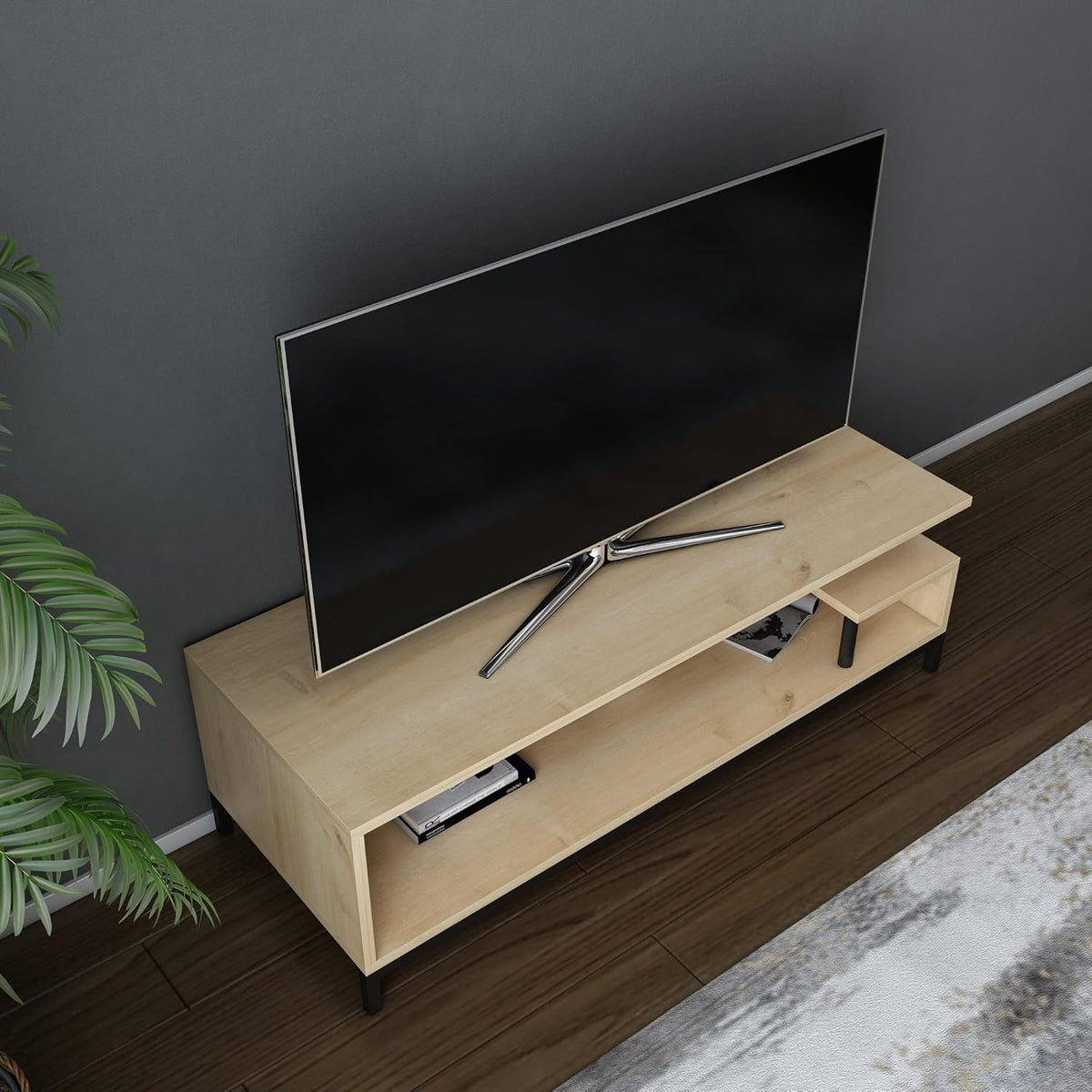 Hanah Home Industriële tv-standaard, zwart & oak, 120 x 44,6 x 37,6 cm, 100% melamine gecoat, deeltjesbord, 18 mm dik, stijlvol en duurzaam, voor moderne woonruimtes