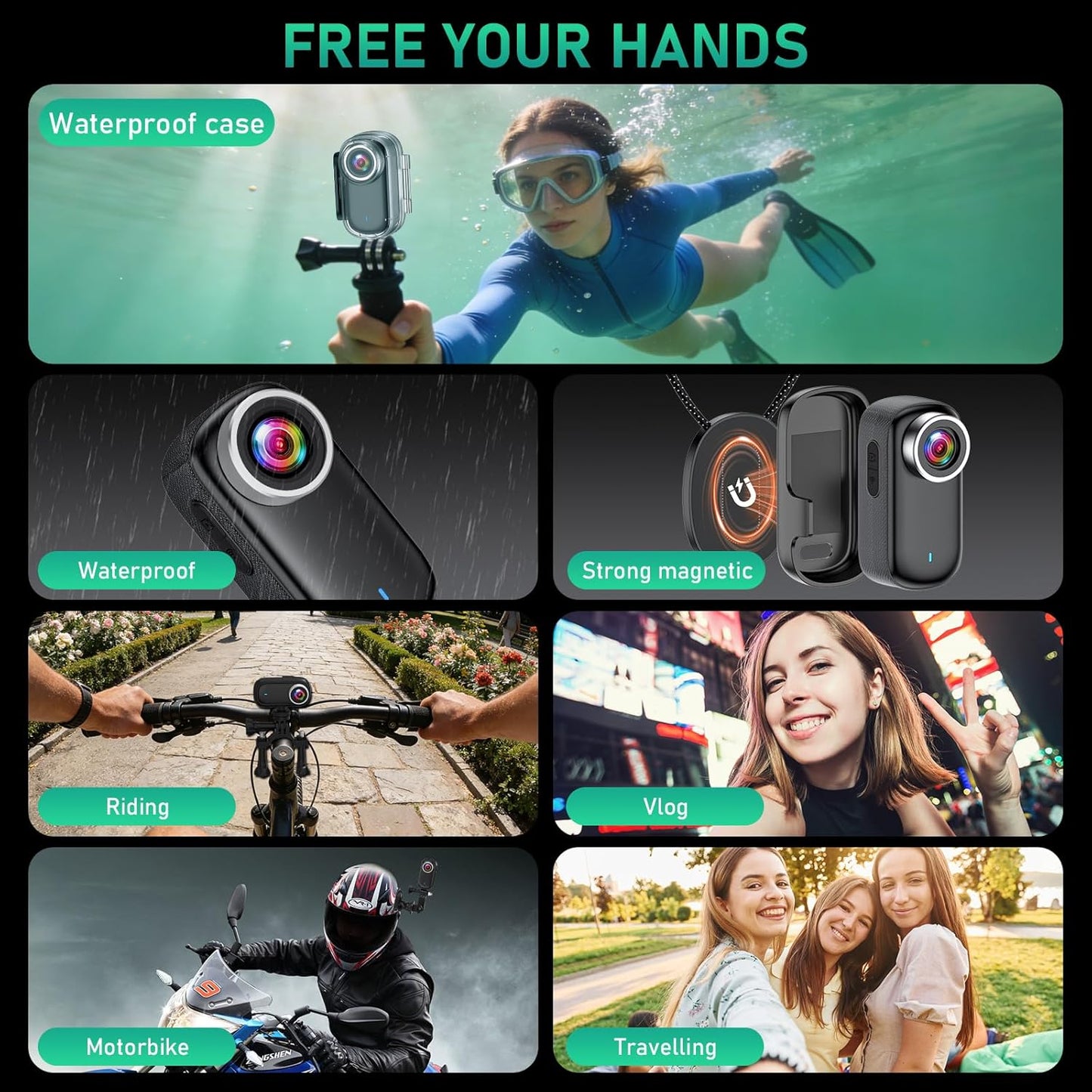 Actiecamera, wifi, 4K, waterdichte mini-actie-helmcamera, 150 graden wifi, sportactiecamera met 1,47 inch display, magnetische duim-lichaamscamera, kleine actiecamera voor motorfiets en fiets
