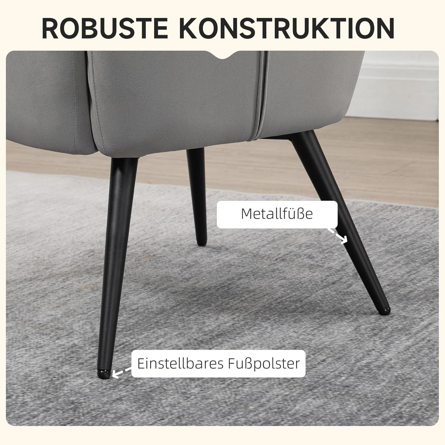HOMCOM Armchair with footstool, lounge chair, lounge chair, upholstered chair with velvety look, TV chair, dining chair up to 120 kg for living room, light grey. - QUORE