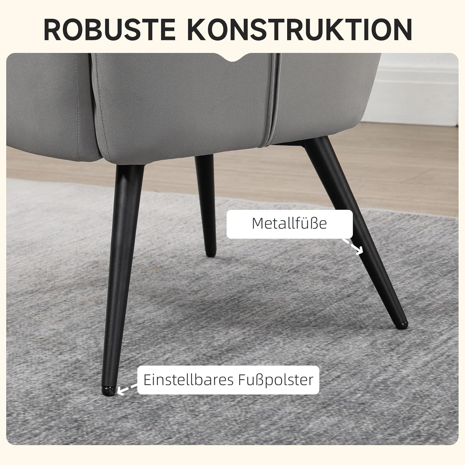 HOMCOM Armchair with footstool, lounge chair, lounge chair, upholstered chair with velvety look, TV chair, dining chair up to 120 kg for living room, light grey. - QUORE