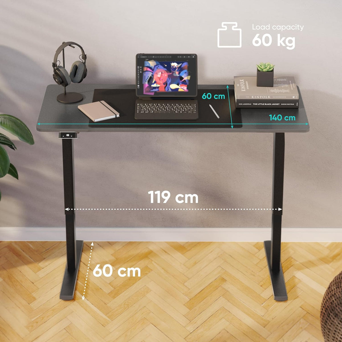 ONKRON Height Adjustable Desk with Blade 140x60cm, Electric Sit-Stand Desk up to 60kg, Electric Adjustable Table with Motor 25mm/s Lifting Speed Black WDT221E-B - QUORE