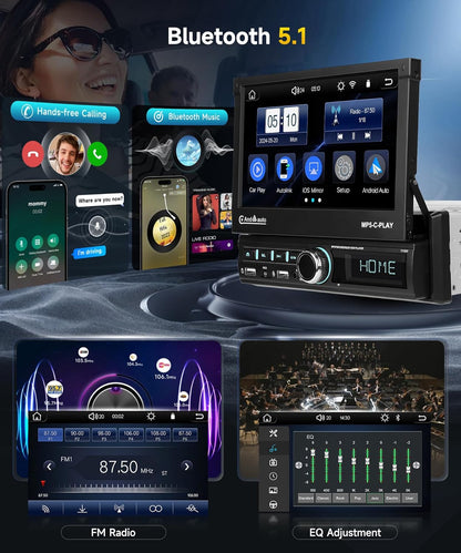 Autoradio 1 Din Carplay Android Auto Draadloos met 7 inch elektrisch uitschuifbaar scherm,1-DIN radio FM met Bluetooth,GPS/Navi,Mirror Link,2 USB/AUX/SD met achteruitrijcamera,stuurwielbediening