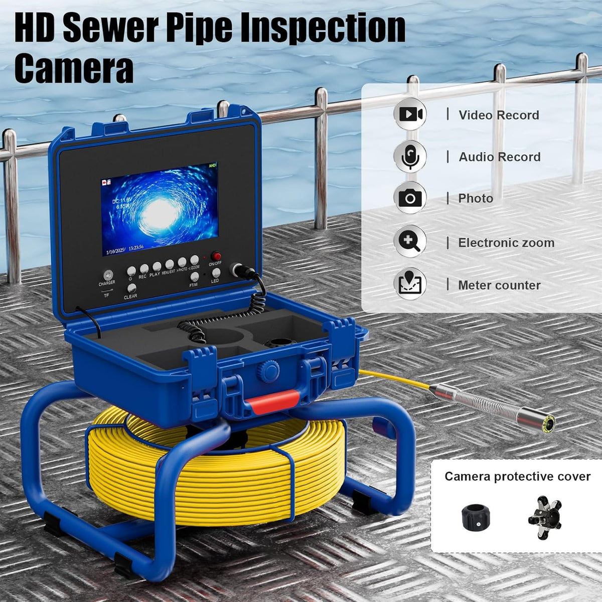Inspectiecamera voor pijpleiding, afstandsmeter, 7 inch, endoscopische camera, leiding, met DVR, 30 m, industriële endoscoopkabel, IP68, waterdicht, met 12 ledlampen, SD-kaart 32 G
