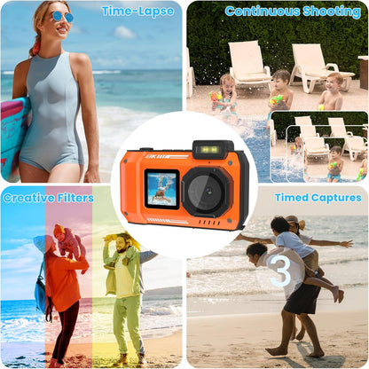 Verbeterde 8K 70MP onderwatercamera met 32G-kaart, 33FT waterdicht, robuust, stofdicht schokbestendig voor snorkelen, selfie digitaal voor duiken, dual-screen fotografie