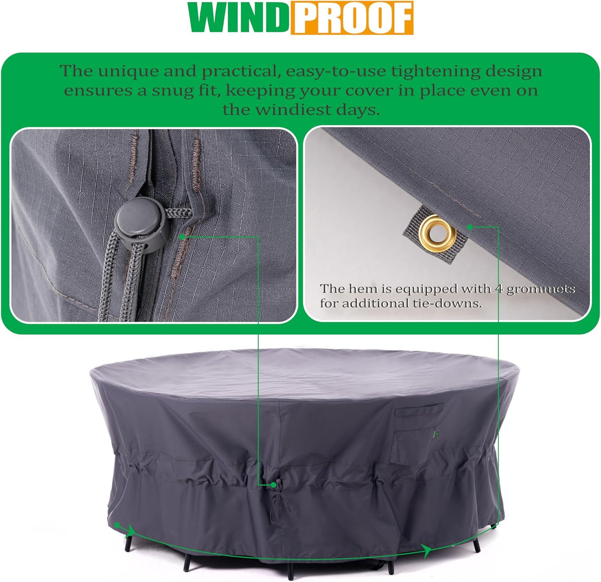 F&J Outdoors Tuinmeubelhoezen Waterdichte Outdoor Tafelhoes Heavy Duty Scheurbestendig Cinched Taille Winddicht Extra Grote Tuinmeubelhoes, Grijs, 330 x 89 cm