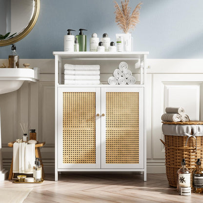 Bathroom Floor Stand Cabinet, Bamboo Storage Organizer Table with 2 Rattan Doors and 1 Shelf, Wooden Side Cabinet for Hallway, Laundry, Kitchen, Living Room (White)