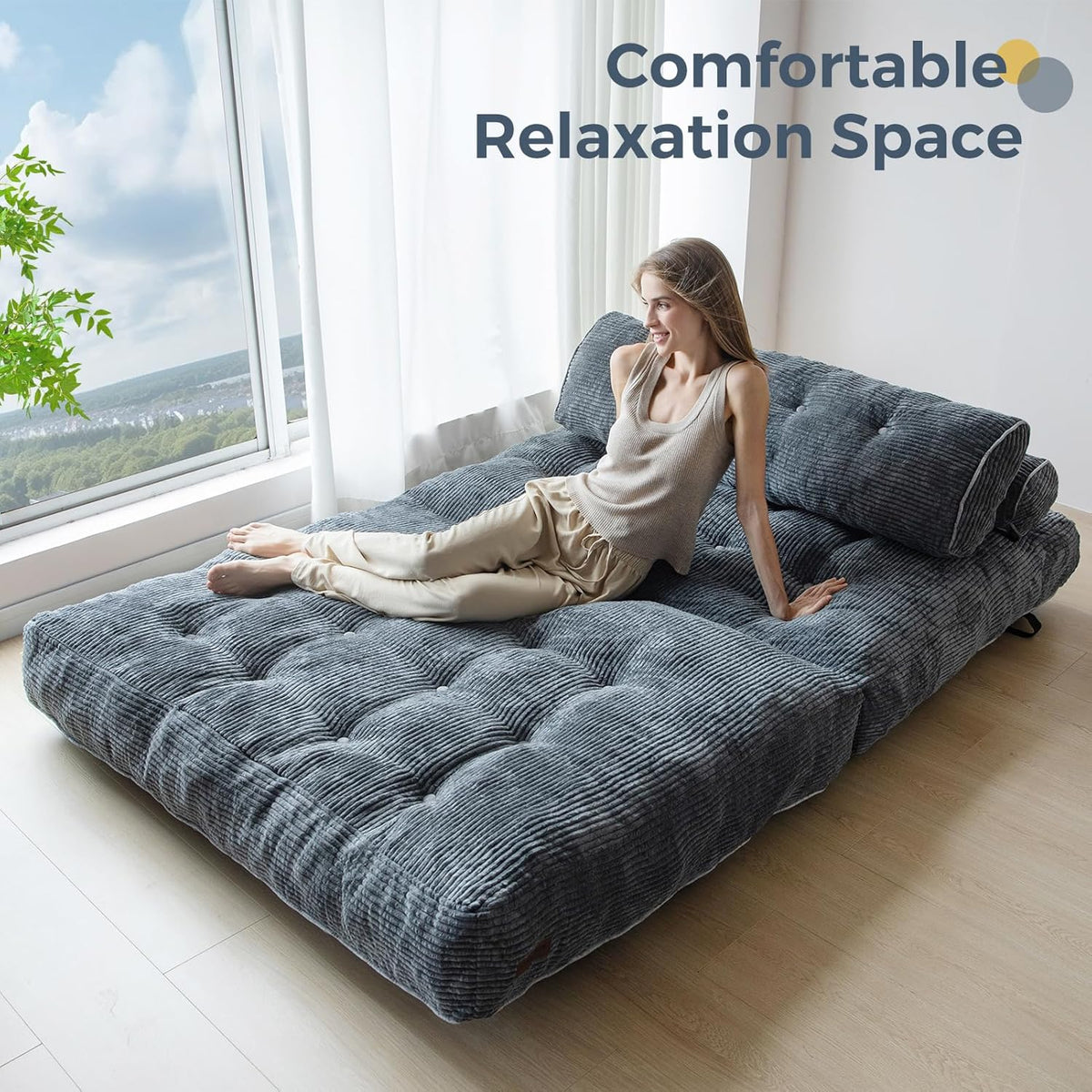 MAXYOYO Opvouwbare slaapbank, converteerbare slaapstoel met kussen, matras met rugsteun, draagbaar stoelbed, comfortabele lounge voor woonkamer, slaapkamer, antraciet, dubbel