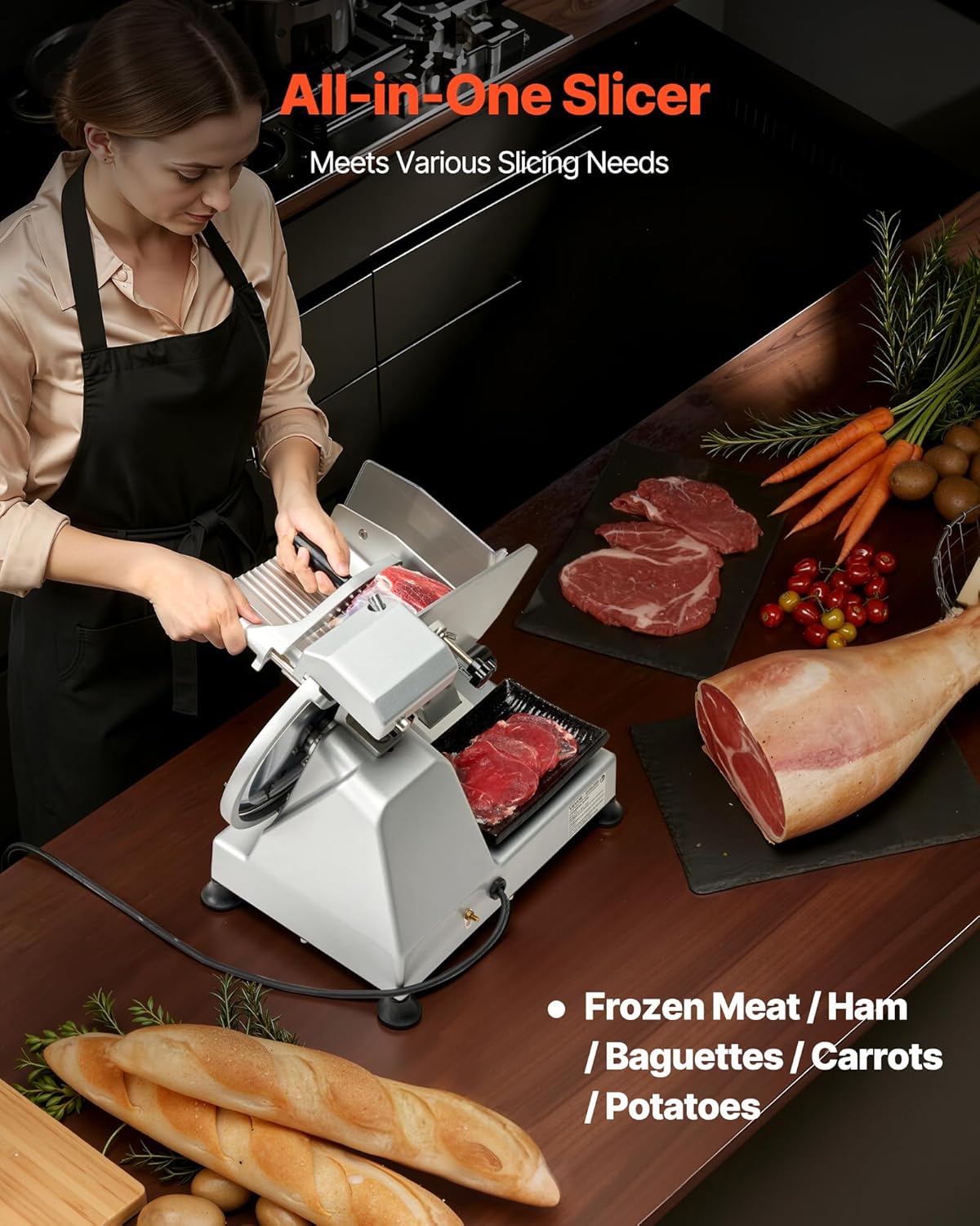 VEVOR Commerciële Vleessnijder, 25,4 cm (10 inch), 320 W voedselsnijder met SUS420-lemmet, instelbare dikte van 0 tot 10 mm, voor bevroren vlees, ham