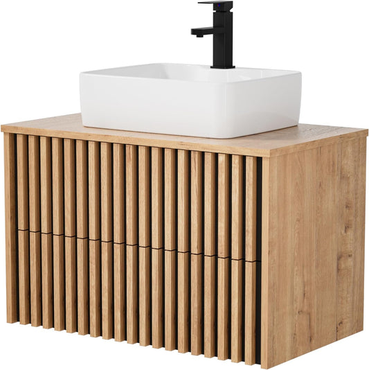 Wastafelmeubel – Wastafelkast – Badkamermeubel – Wandmeubel – Gastenbadkamermeubel – 81 cm Breed – Keramische Waskom – Soft-Close Lades – Ruimtebesparend – Natuurlijke Houtlook