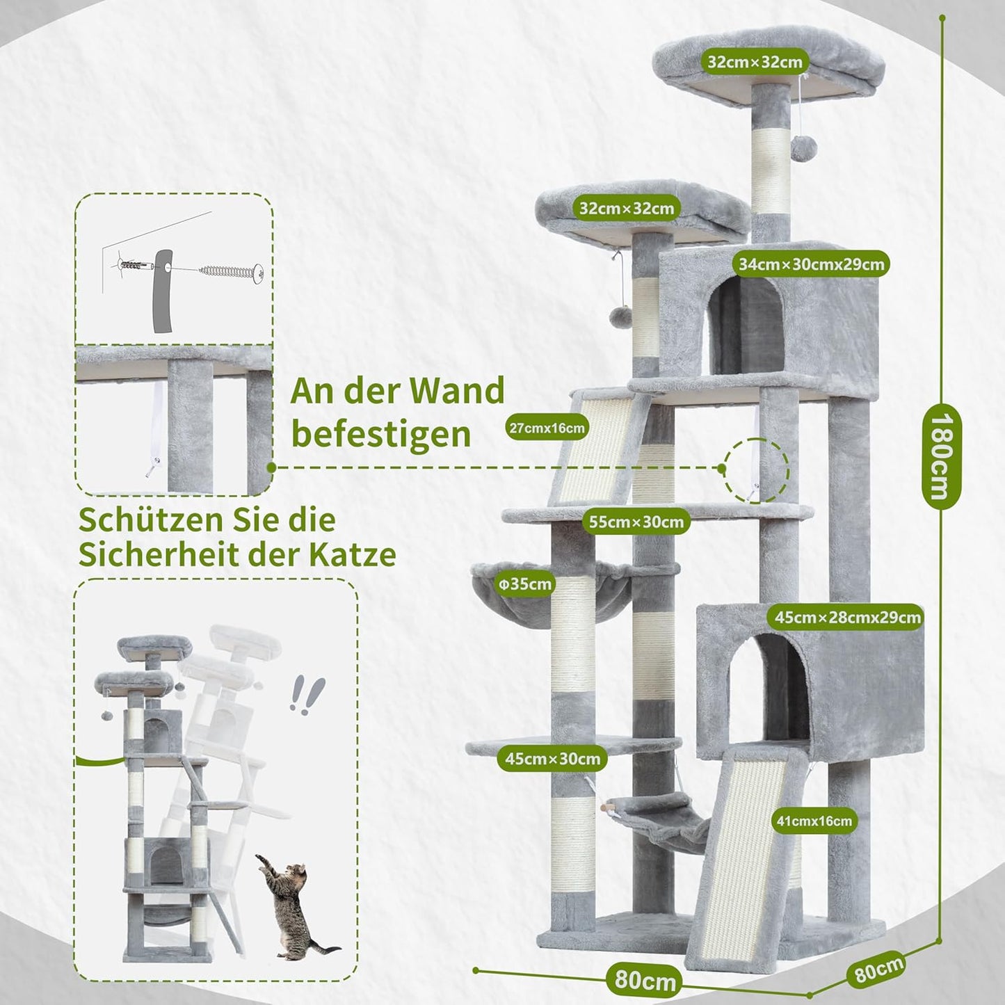 Cat Tree Indoor Cat Tree 200cm Cat Scratching Post with Large Adult Cats, 2 Scratching Boards, 7 Scratching Posts, 2 Plush Platforms, 2 Cat Cavities, Light Grey GCT032W - QUORE