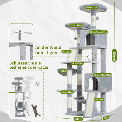 Cat Tree Indoor Cat Tree 200cm Cat Scratching Post with Large Adult Cats, 2 Scratching Boards, 7 Scratching Posts, 2 Plush Platforms, 2 Cat Cavities, Light Grey GCT032W - QUORE