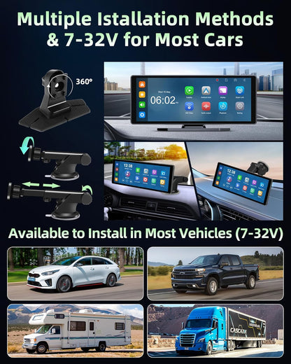 350° draaibaar: Carplay display, Android autodisplay met 4K dashcam, auto voor en achter, 10,26 inch touchscreen, draagbaar Driveplay-scherm, dual bluetooth, mirror Link, 64G TF-kaart