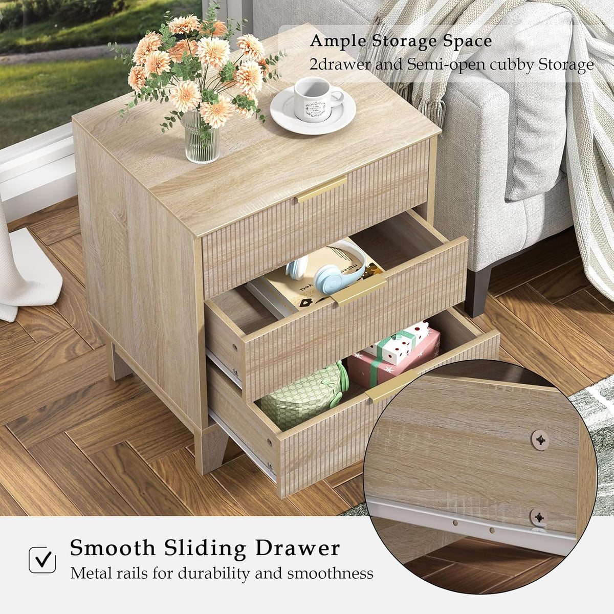 Nachtkastje – Bedside Table – Bijzettafel – Slaapkamerkastje – Houten Kastje – 3 Lades – MDF Hout Met Gouden Metalen Poten
