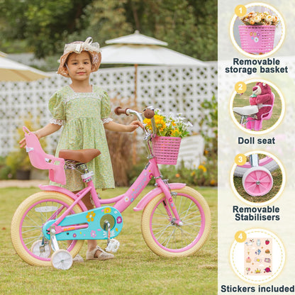 Glerc Maggie Meisjesfiets, 12-20“, kinderfiets voor 2-13 jaar oude kinderen, prinsessenstijl, kinderfiets met poppenzitje & mand en trainingswielen, meerdere kleuren